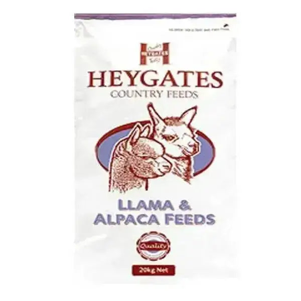 White bag of heygates llama and alpaca feed mix with premium molassed coarse and red blue animal illustration