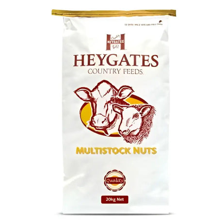 White bag of heygates multistock 18 nuts with red yellow cow and sheep design for equestrian horses feed