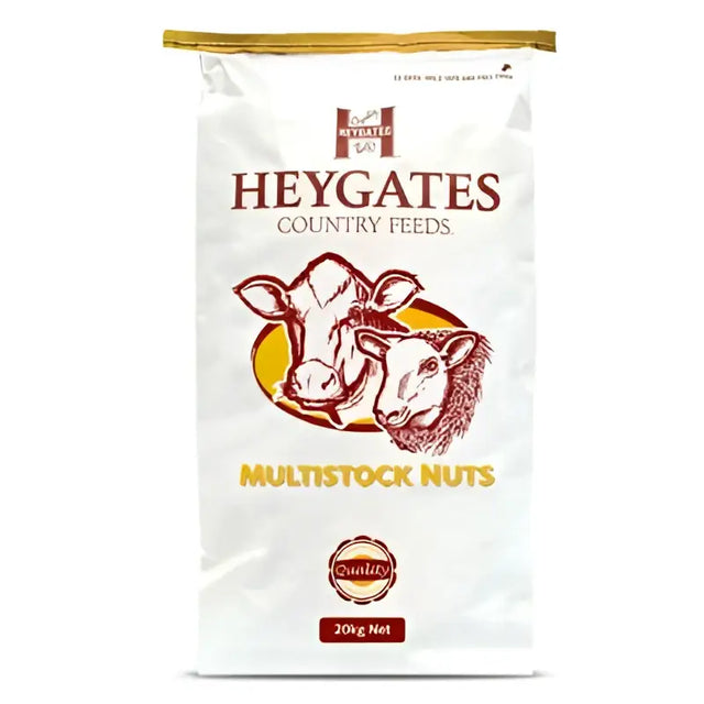 White bag of heygates multistock 18 nuts with red yellow cow and sheep design for equestrian horses feed