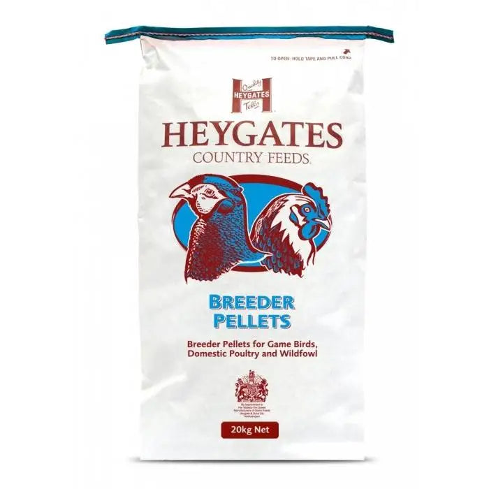White bag of Heygates No 6 pheasant breeder pellets with blue and red pheasant and rooster for equestrian use