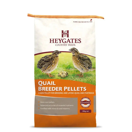 A 20kg bag of heygates quail breeder pellets in white and orange with two quails on grass natural feed additive