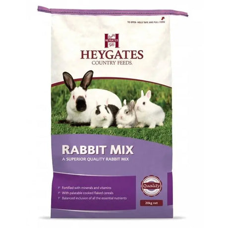 Purple and white bag of heygates rabbit mix premium 20kg net weight rabbit feed for healthy rabbits