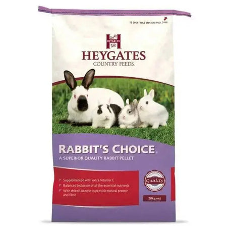 A 20kg bag of heygates rabbit’s choice superior quality 3mm pellet rabbit’s choice pellets with purple and white design