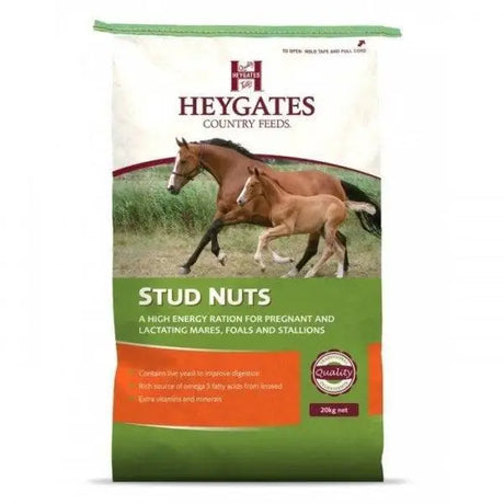 Green and white bag of heygates stud balancer pellets horse feed from heygates country feeds stud nuts range