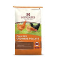 A 20kg bag of heygates turkey growers pellets with white and orange design and images of chickens on the front
