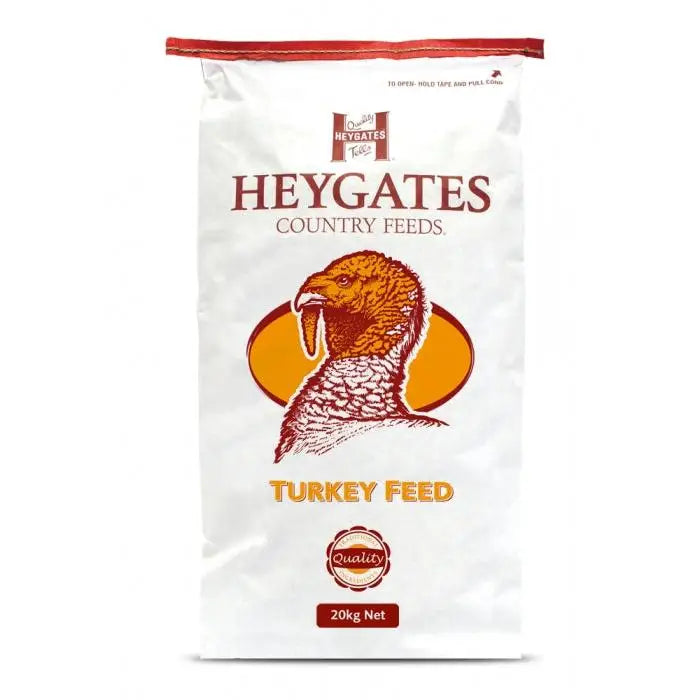 White bag of heygates turkey rearer pellets featuring brown and orange turkey illustration with red accents on packaging