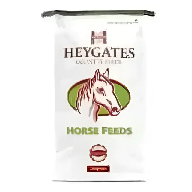 White bag of heygates wheat bran horse feed with freshly milled wheat and green logo featuring a horse head