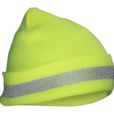 Bright lime green hi vis knitted beanie with reflective silver stripe on folded brim for headwear and neckwear