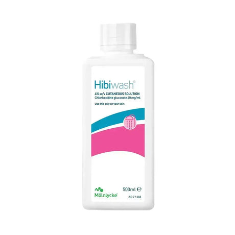 White plastic bottle of hibiwash 4% wv cutaneous solution with teal pink label and monlycke logo for chlorhexidine gluconate horse care