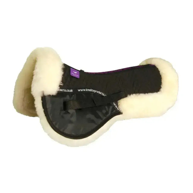 Black high wither half pad with plush white fleece trim and purple brand tag that relieves wither pressure