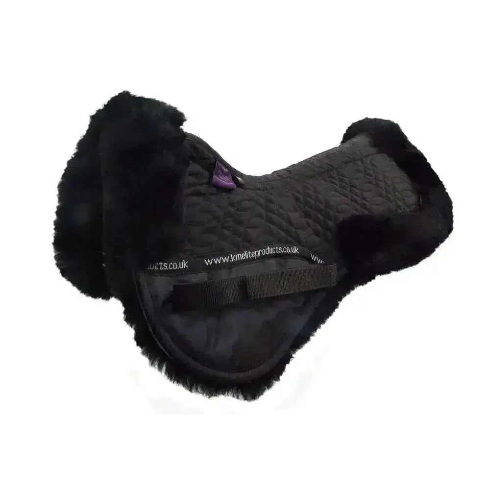 Black high wither half pad with quilted design and plush black fur trim for wither relieves pressure and clear spine