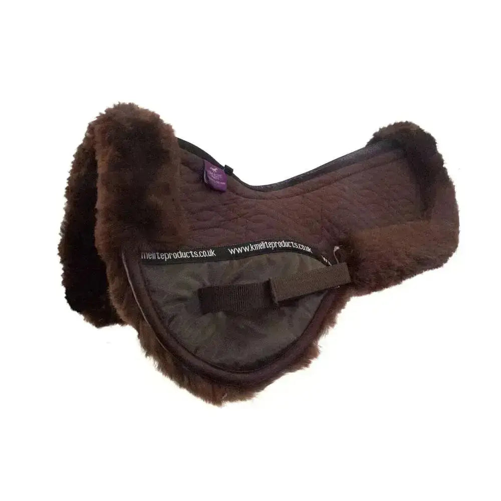 Brown sheepskin high wither half pad with quilted dark brown interior and adjustable straps for wither relieves pressure and clear spine