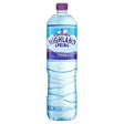 A clear plastic bottle of highland spring bottled water with a purple cap and label in blue white and purple hues