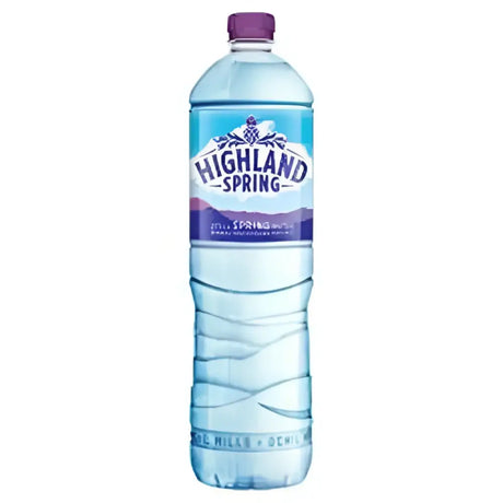 A clear plastic bottle of highland spring bottled water with a purple cap and label in blue white and purple hues