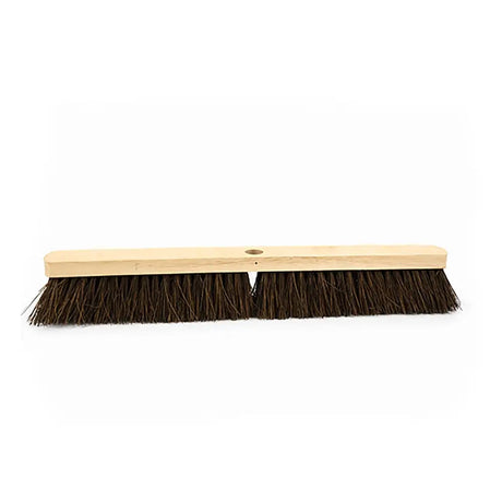 A hillbrush bassine stiff platform broom head with a wooden handle and dense dark brown bristles