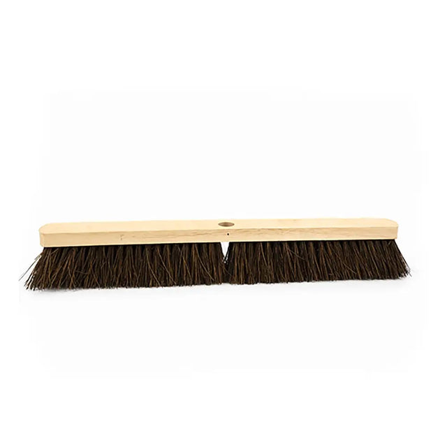 A hillbrush bassine stiff platform broom head with a wooden handle and dense dark brown bristles