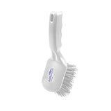 Hillbrush DRS short handled stiff brush with white plastic handle and dense silver bristles for tough cleaning