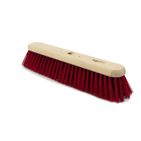 Hillbrush finest medium pvc platform broom with red bristle head and light wooden handle for easy sweeping