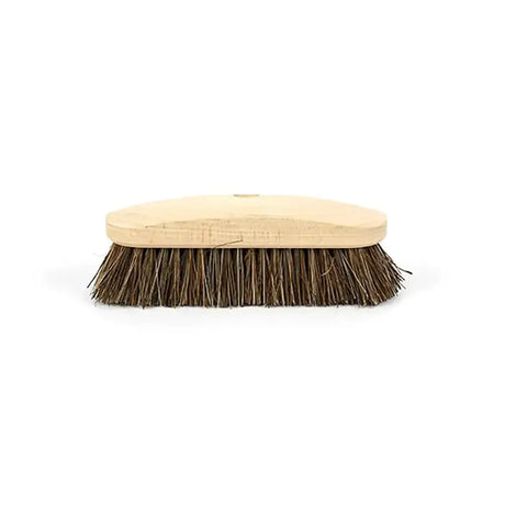 A hillbrush finest stiff deck scrub head with a light wooden handle and dense brown stiff bristles 237mm wide