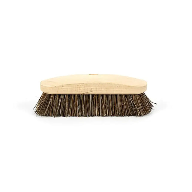 A hillbrush finest stiff deck scrub head with a light wooden handle and dense brown stiff bristles 237mm wide