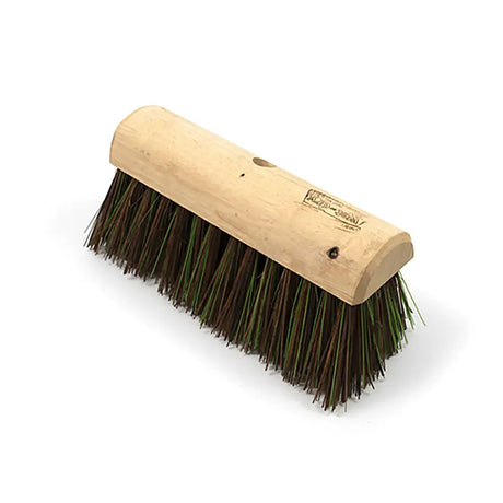 A hillbrush finest stiff yard broom head with sturdy wooden handle and dense dark brown and green bristles 305mm