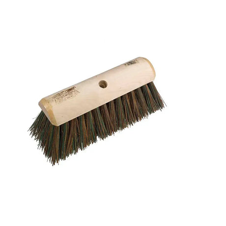 Hillbrush finest 330mm stiff yard broom with off-white plastic handle and dense brown green polyprot bristles