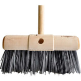 A hillbrush finest 330mm yard broom with a light tan wooden handle and dense black stiff bristles for tough cleaning