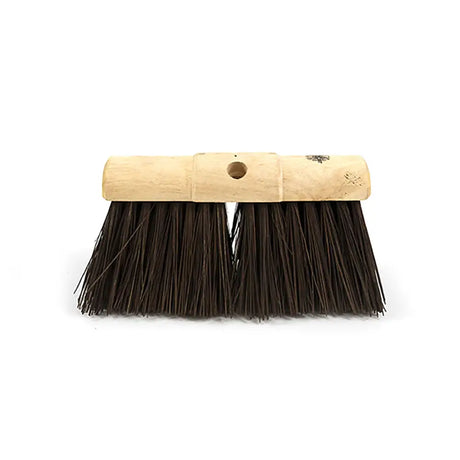 A hillbrush finest yard broom head stiff with dark brown stiff bristles and a sturdy light wood block handle