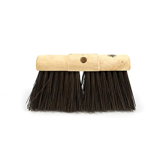 A hillbrush finest yard broom head stiff with dark brown stiff bristles and a sturdy light wood block handle