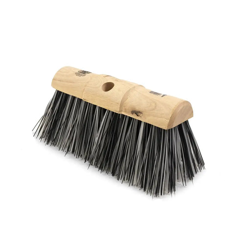 A hillbrush finest yard broom head stiff pvc with a sturdy wooden handle and dense black and gray bristles