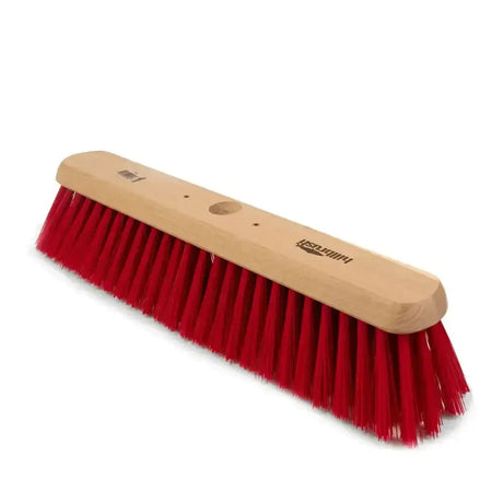 Red bristle hillbrush industrial broom head pvc with light wood handle and husqvarna brand engraving visible