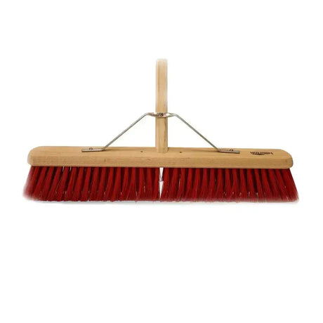 Red bristle hillbrush industrial medium platform broom with light wood handle and metal frame stiffer synthetic broom