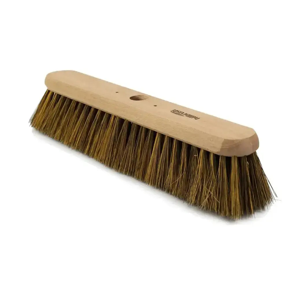 A sturdy light-brown wooden handled hillbrush industrial soft recycled platform broom with dense golden bristles