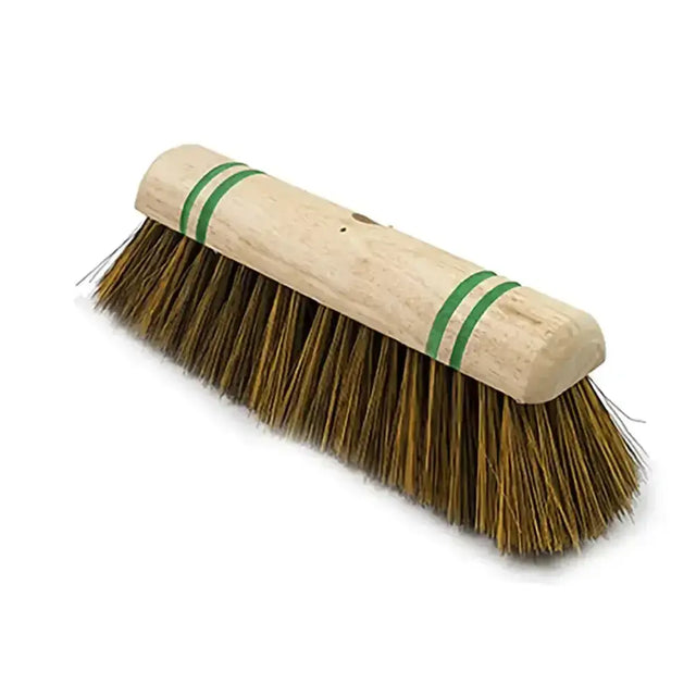 A hillbrush industrial soft sweeping broom with a wooden handle and dense natural brown bristles with green stripes