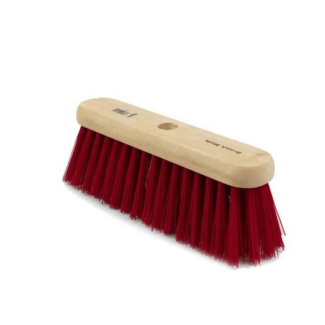 Red bristle hillbrush industrial stiff sweeping broom head with light wood handle for tough cleaning jobs