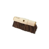 Hillbrush industrial stiff yard broom head with a sturdy light wood handle and dense dark brown stiff bristles for tough cleaning
