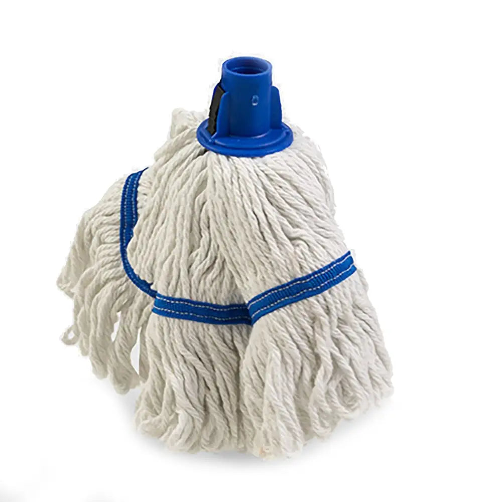 White cotton hillbrush looped hygiemix mop head with blue plastic cap and reinforcing bands for durable cleaning