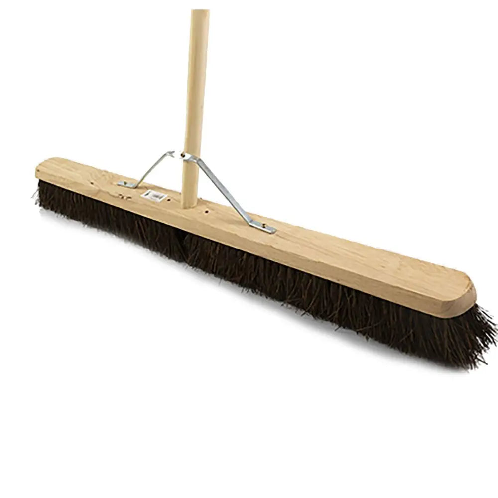 A hillbrush medium bassine platform broom with a sturdy light wood handle, dark brown bristles, and metal bracket, 914mm platform broom