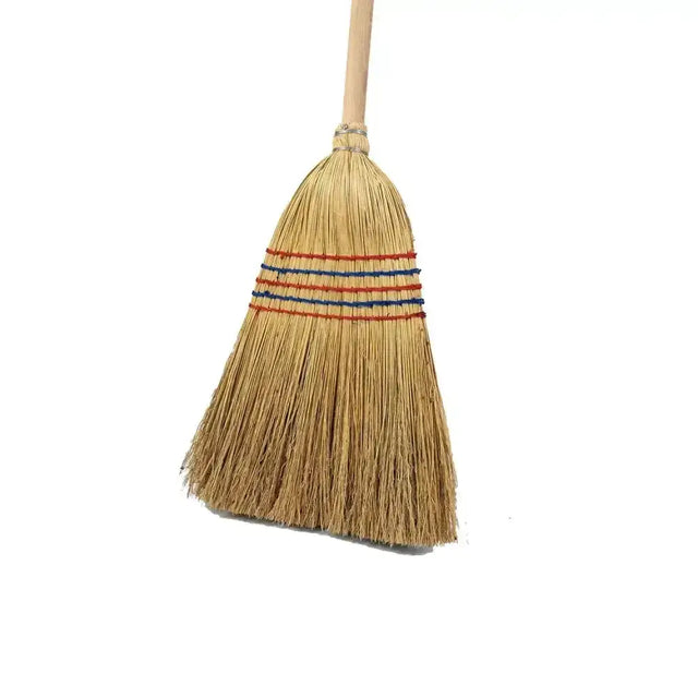Hillbrush medium corn broom with natural wooden handle and red blue stripes perfect for moving loose leaves
