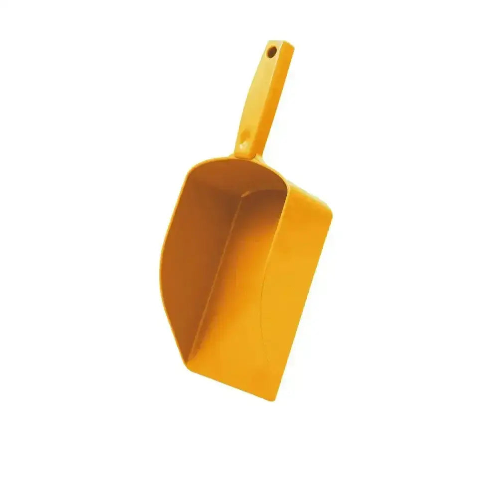 Bright yellow plastic hillbrush medium horse feed scoop with sturdy handle for easy scoops and stirrers use