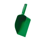 Green plastic hillbrush medium horse feed scoop with sturdy handle and curved rectangular scoop for easy scoops and stirrers