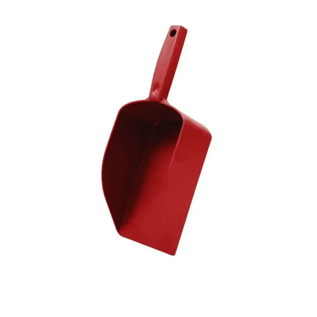 Red plastic hillbrush medium horse feed scoop with sturdy handle and smooth curved scoop for easy scoops and stirrers use