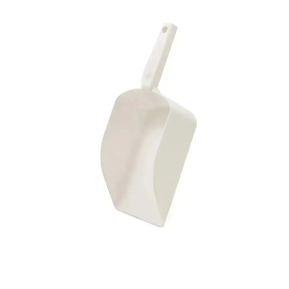 White plastic hillbrush medium horse feed scoop with smooth curved scoop and hole in short handle for easy hanging