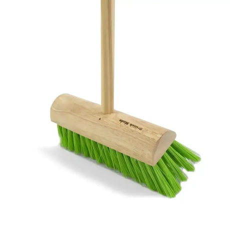 Hillbrush medium yard broom with sturdy wooden handle green broom filled polypropylene bristles british made engraving