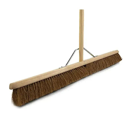 Brown bristle hillbrush soft coco platform broom with light wood handle and metal frame 914mm platform broom