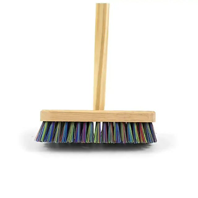 Hillbrush stiff deck scrub with wooden handle and multicolored stiff deck scrub polyprop bristles for tough cleaning