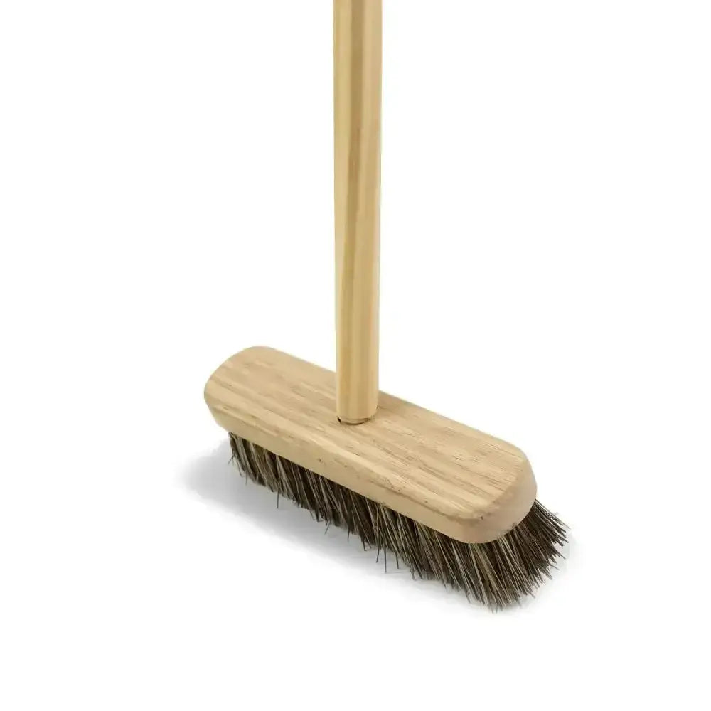 Hillbrush stiff deck scrub union with handle featuring light wooden handle and dense dark brown stiff deck bristles