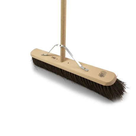 Hillbrush trade platform broom with a light wooden handle, dark brown bristles, and metal stay medium platform attachment