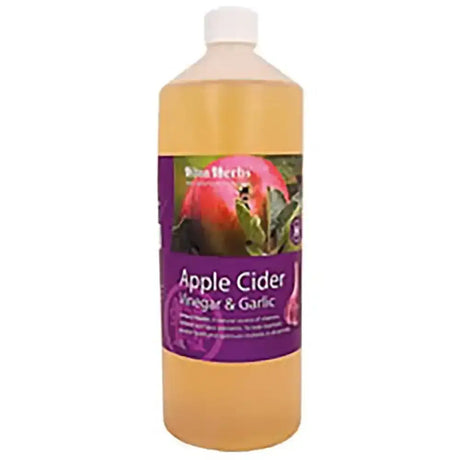 A clear plastic bottle of hilton herbs apple cider vinegar & garlic health supplement with amber liquid and pomegranate label