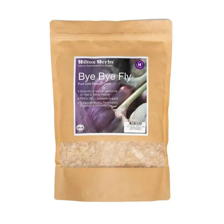A brown resealable pouch of hilton herbs bye bye fly pure cold pressed garlic granules for natural pest control